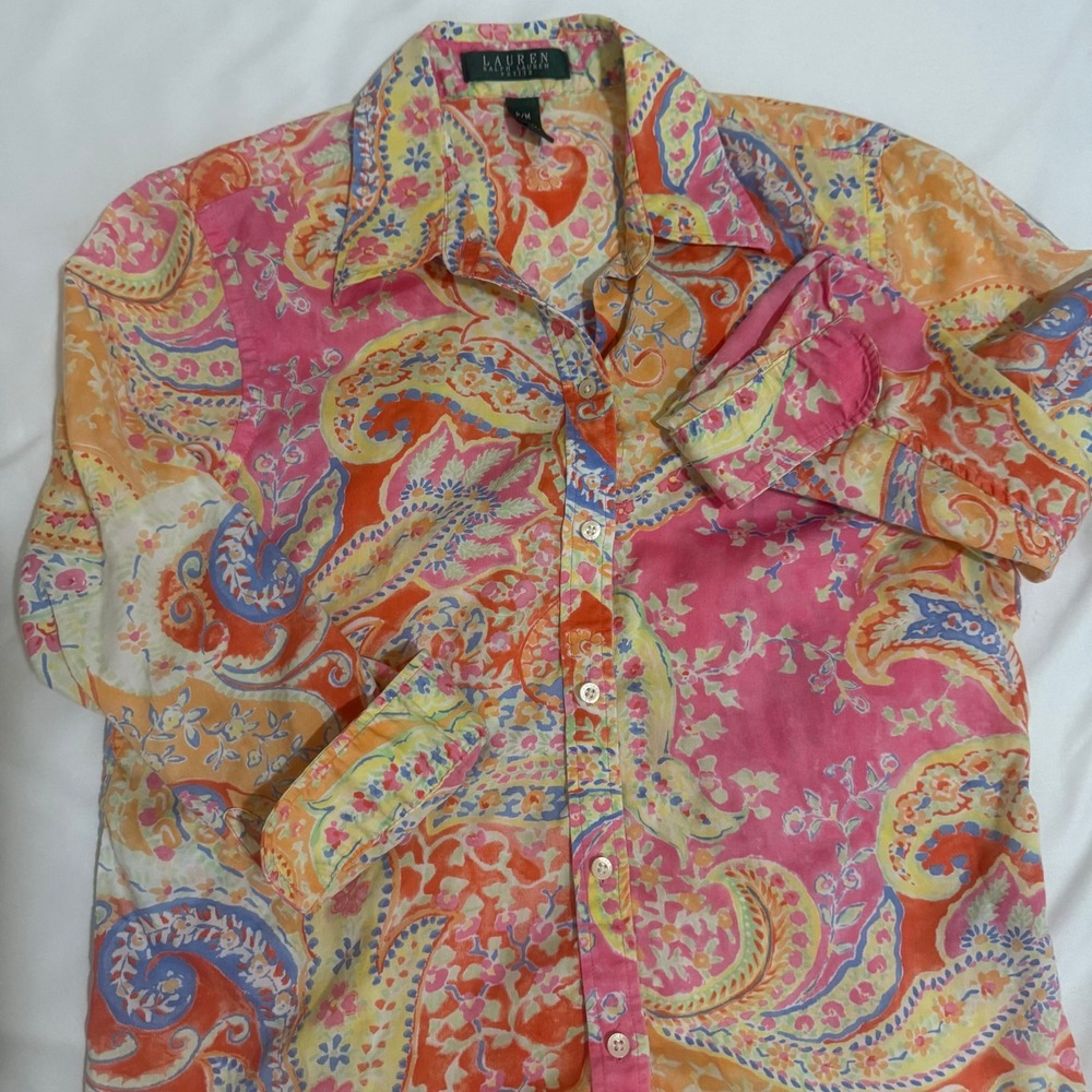 Lauren Ralph Lauren Petite Pink Orange Paisley Cotton Button Down Shirt PM